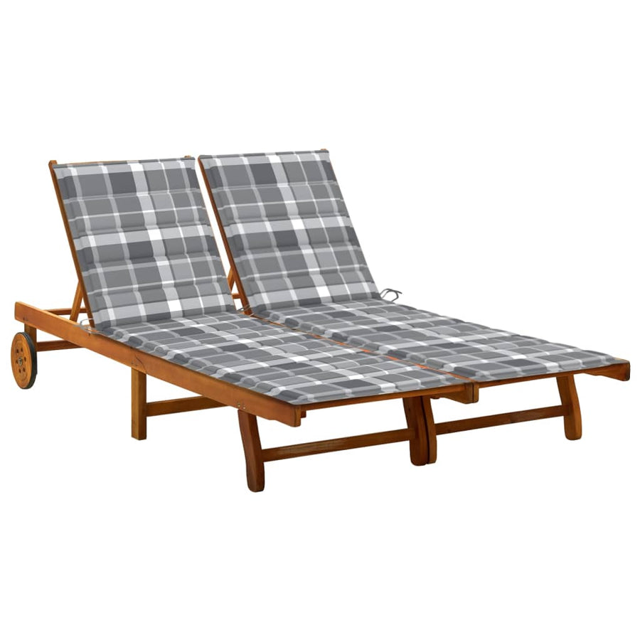Ligbed 2-Persoons Met Kussens Massief Acaciahout 200 x 123 x 85 cm Grijs ruitpatroon