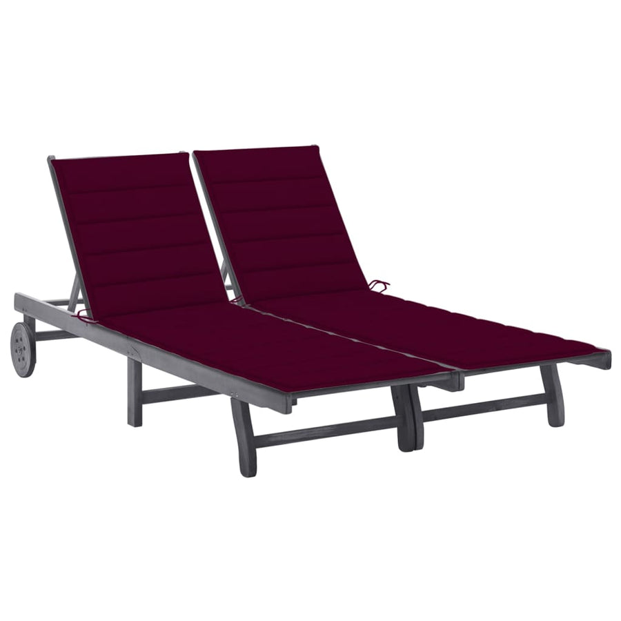 Ligbed 2-Persoons Met Kussens Massief Acaciahout Grijs 200 x 123 x 85 cm Wijnrood