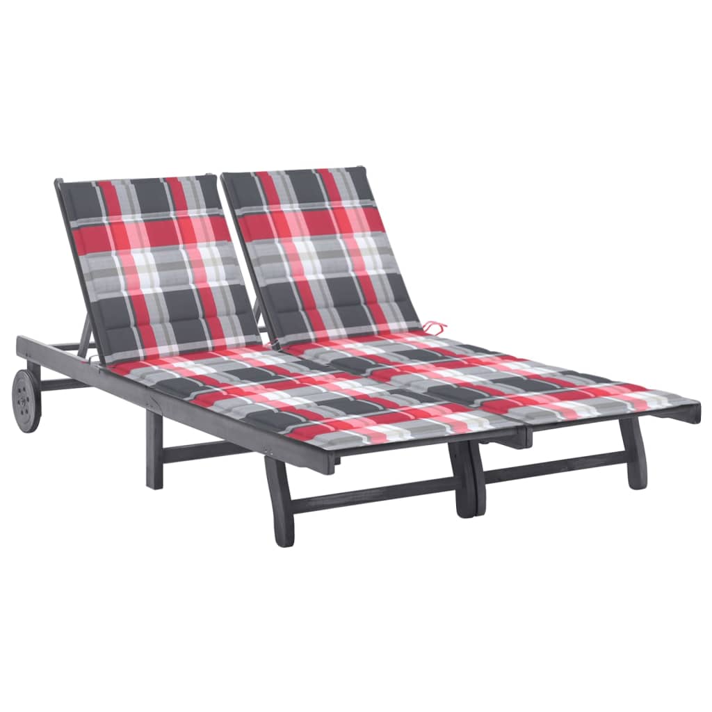 Ligbed 2-Persoons Met Kussens Massief Acaciahout Grijs 200 x 123 x 85 cm Rood ruitpatroon