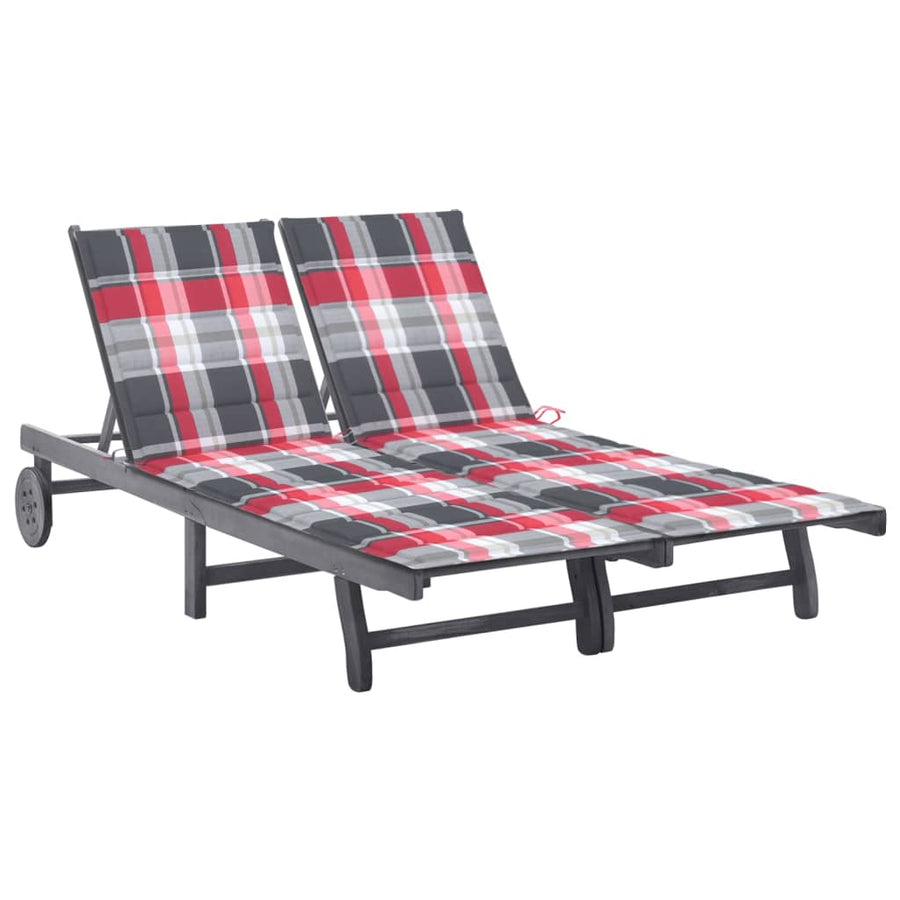 Ligbed 2-Persoons Met Kussens Massief Acaciahout Grijs 200 x 123 x 85 cm Rood ruitpatroon