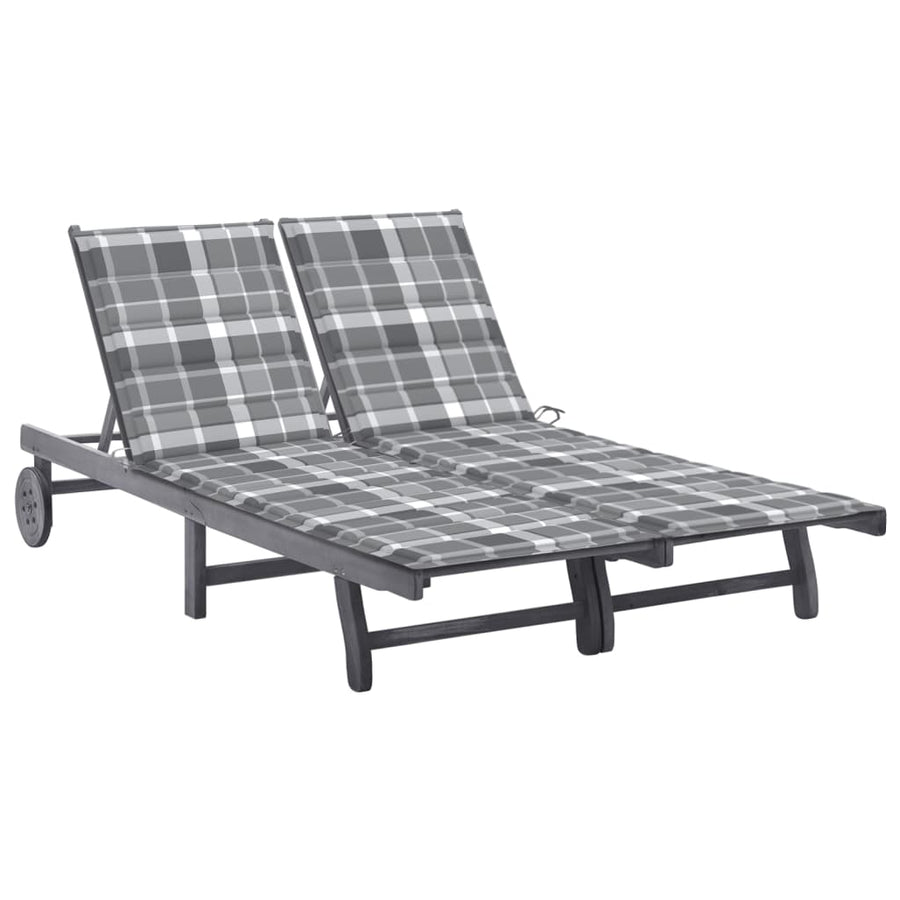Ligbed 2-Persoons Met Kussens Massief Acaciahout Grijs 200 x 123 x 85 cm Grijs ruitpatroon