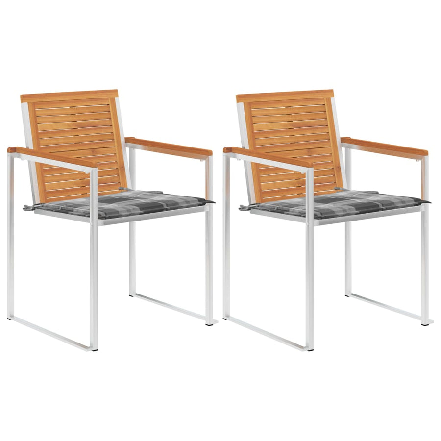 Tuinstoelen 2 St Met Kussens Massief Acaciahout En Staal Grijs ruitpatroon