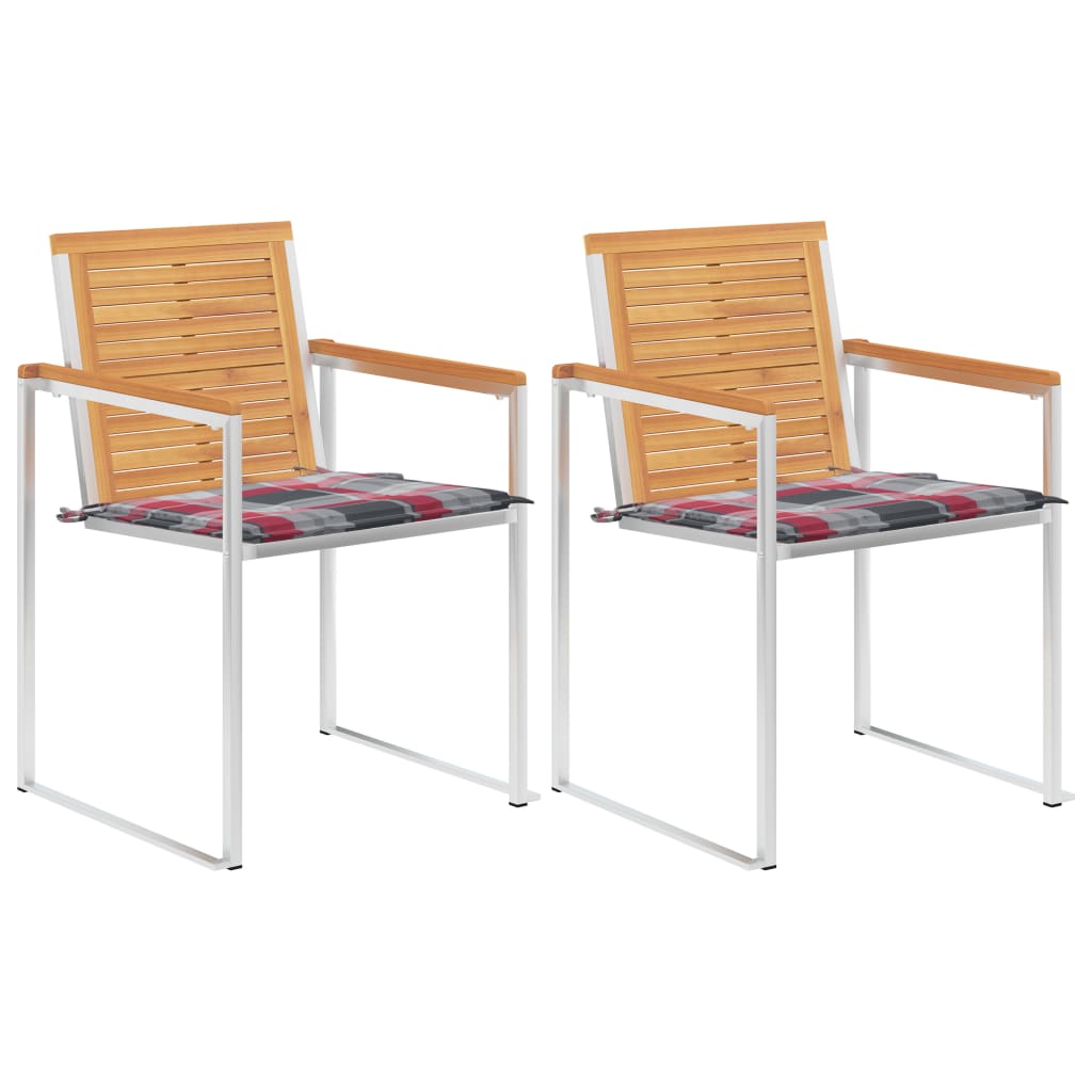 Tuinstoelen 2 St Met Kussens Massief Teakhout En Staal Rood ruitpatroon
