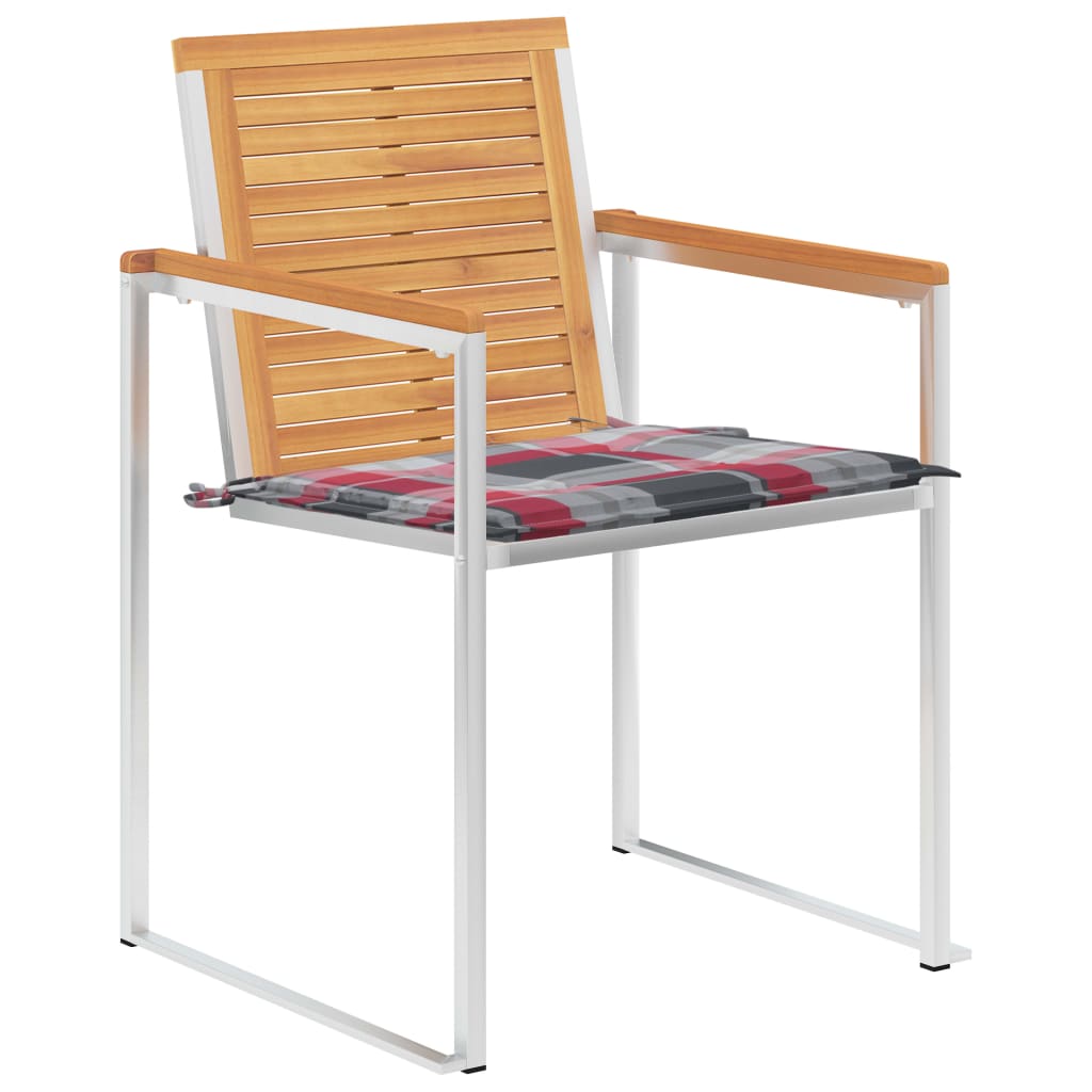 Tuinstoelen 2 St Met Kussens Massief Teakhout En Staal Rood ruitpatroon