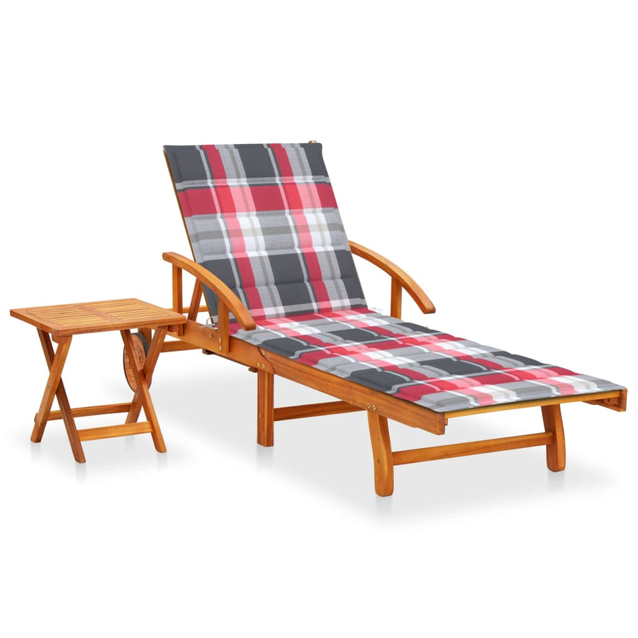 Ligbed Met Tafeltje En Kussen Massief Acaciahout 1 Rood ruitpatroon 1 ligbed met tafel