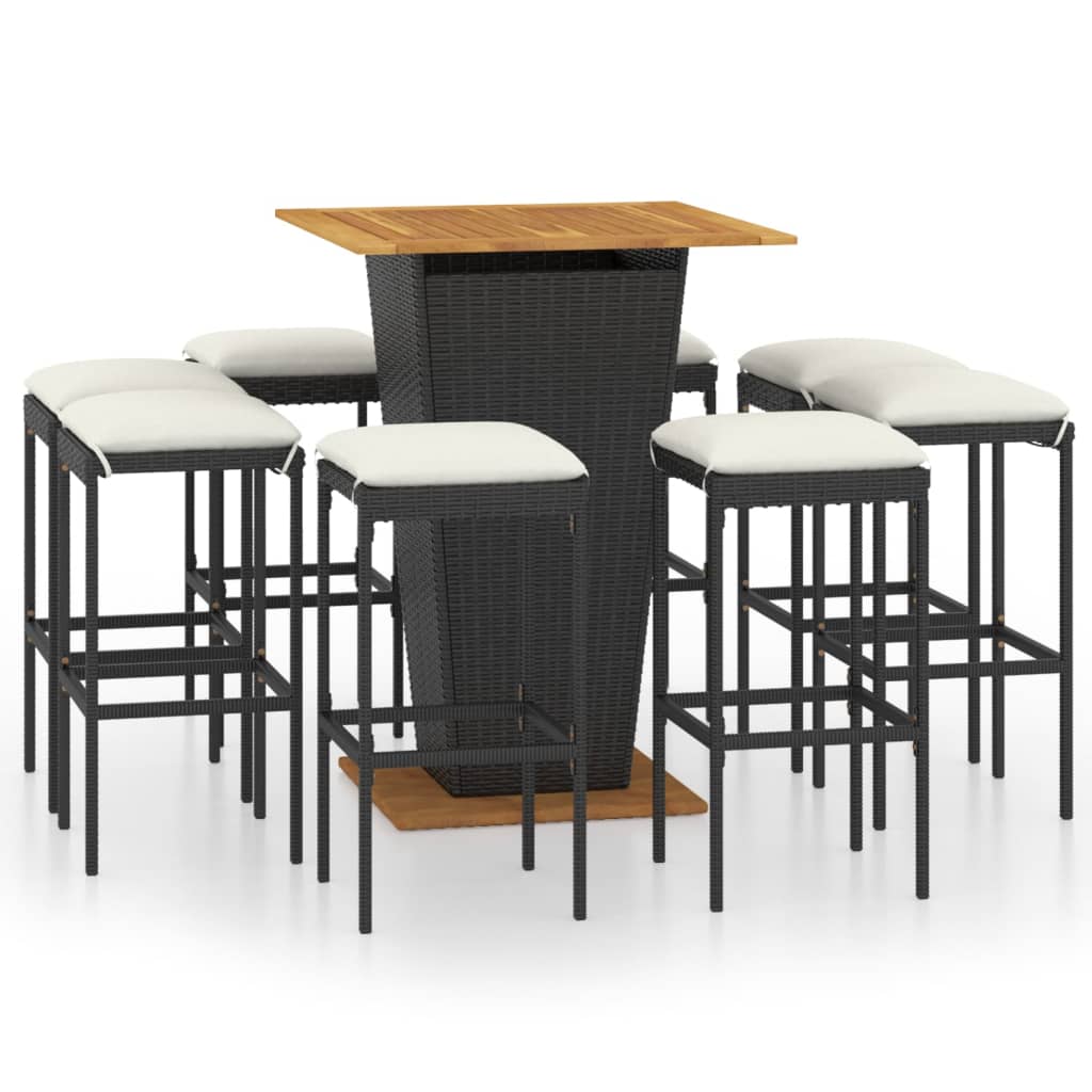 -Delige Tuinbarset Met Kussens Poly Rattan 9 80 cm tafellengte Zwart