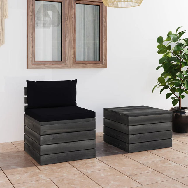 -Delige Loungeset Met Kussens Pallet Massief Grenenhout Zwart