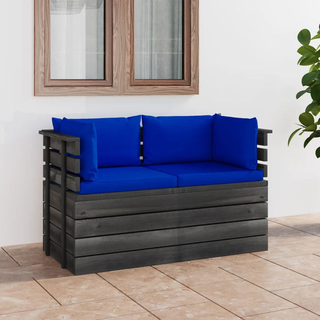 Tuinbank 2-Zits Met Kussens Pallet Massief Grenenhout Blauw Tweezitsbank