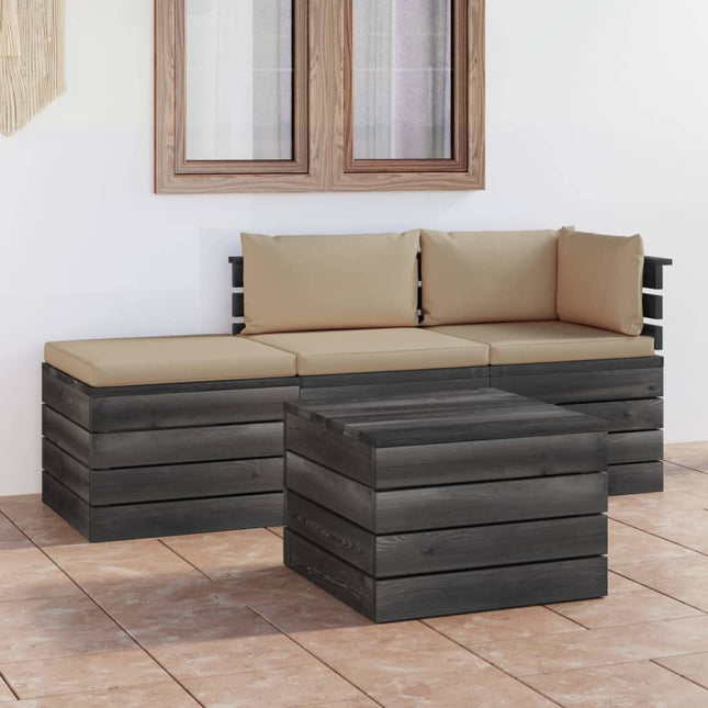 -Delige Loungeset Met Kussens Pallet Massief Grenenhout Beige