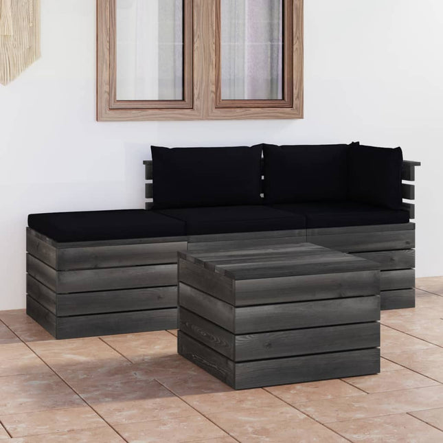 4-Delige Loungeset Met Kussens Pallet Massief Grenenhout Zwart