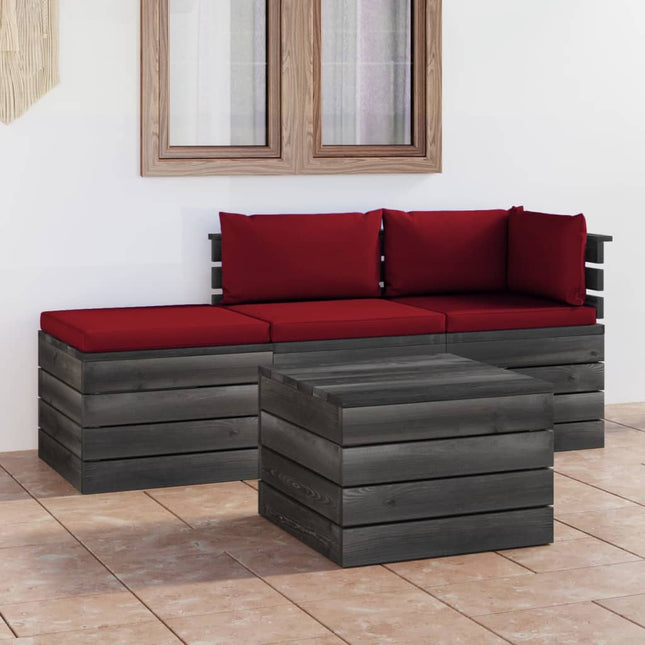 -Delige Loungeset Met Kussens Pallet Massief Grenenhout Wijnrood