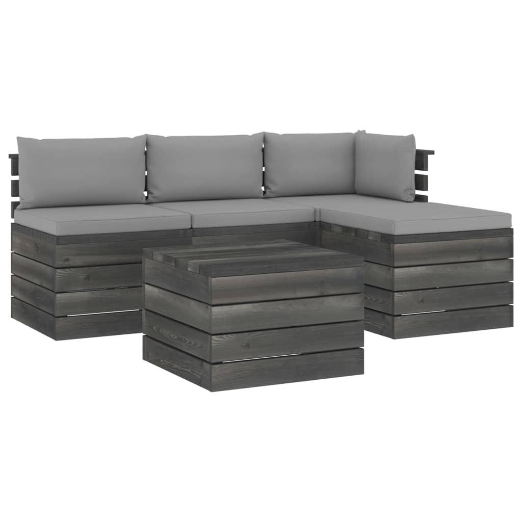 -Delige Loungeset Met Kussens Pallet Massief Grenenhout Grijs