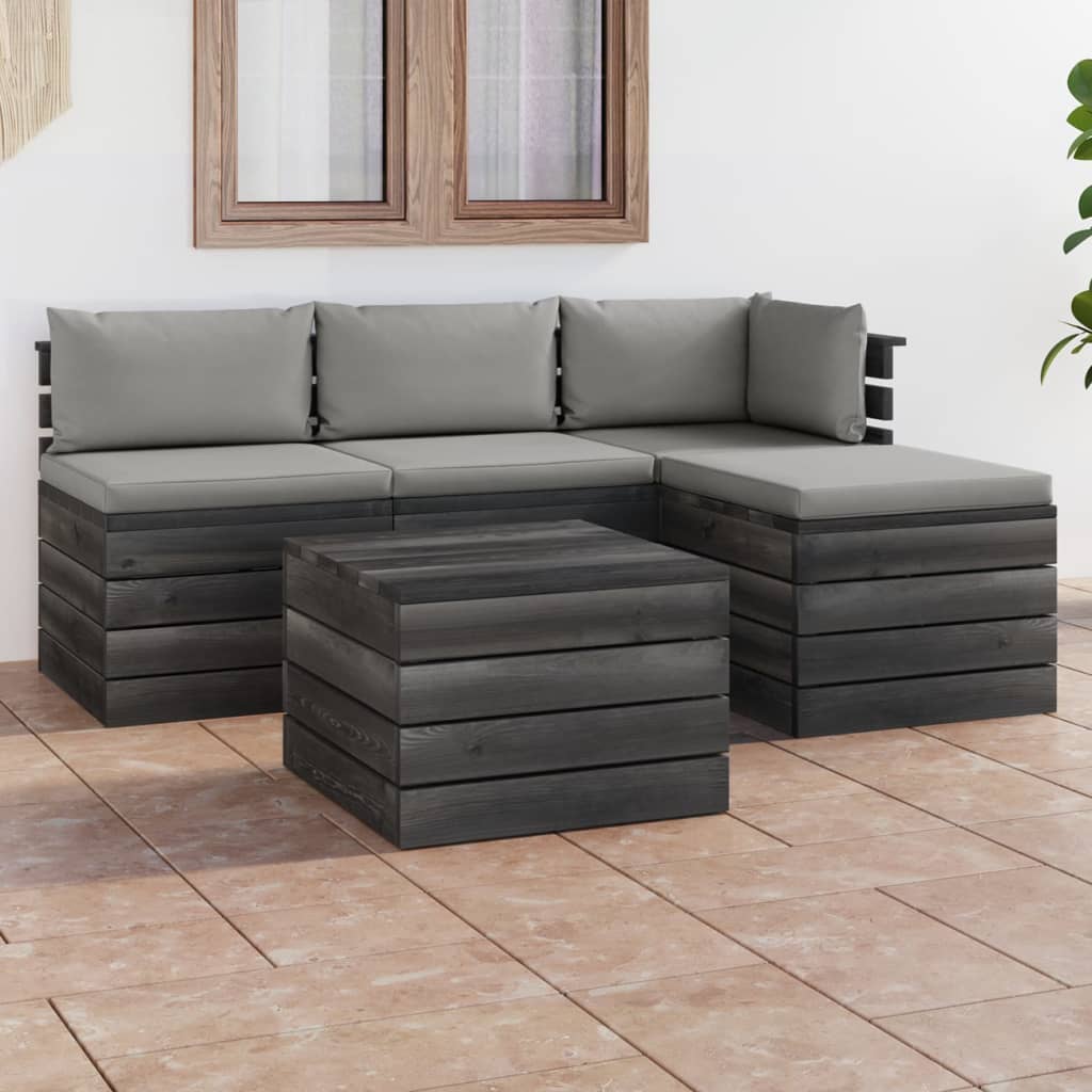 -Delige Loungeset Met Kussens Pallet Massief Grenenhout Grijs