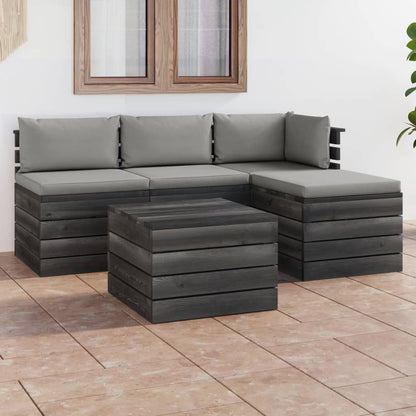 -Delige Loungeset Met Kussens Pallet Massief Grenenhout Grijs