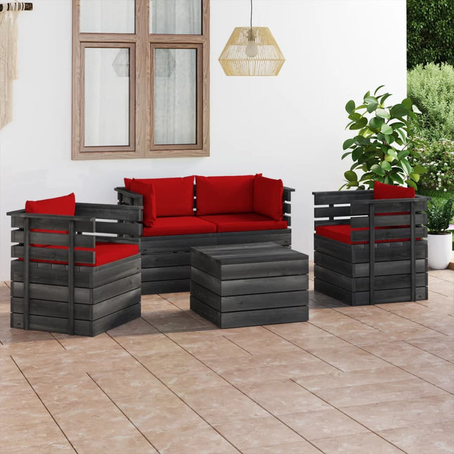 -Delige Loungeset Met Kussens Pallet Massief Grenenhout Rood