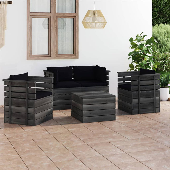 -Delige Loungeset Met Kussens Pallet Massief Grenenhout Zwart