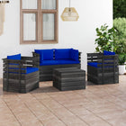 -Delige Loungeset Met Kussens Pallet Massief Grenenhout Blauw