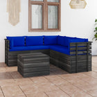 -Delige Loungeset Met Kussens Pallet Massief Grenenhout Blauw