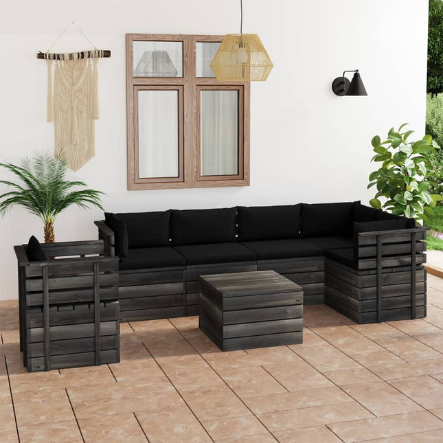 -Delige Loungeset Met Kussens Pallet Massief Grenenhout Zwart