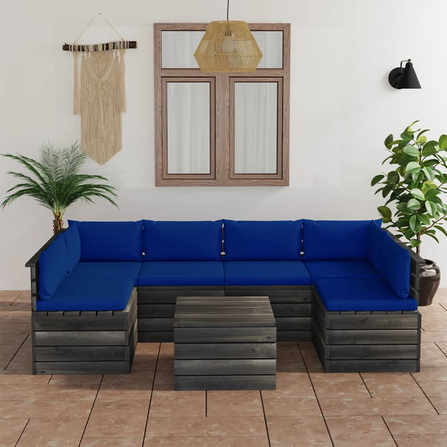 -Delige Loungeset Met Kussens Pallet Massief Grenenhout Blauw