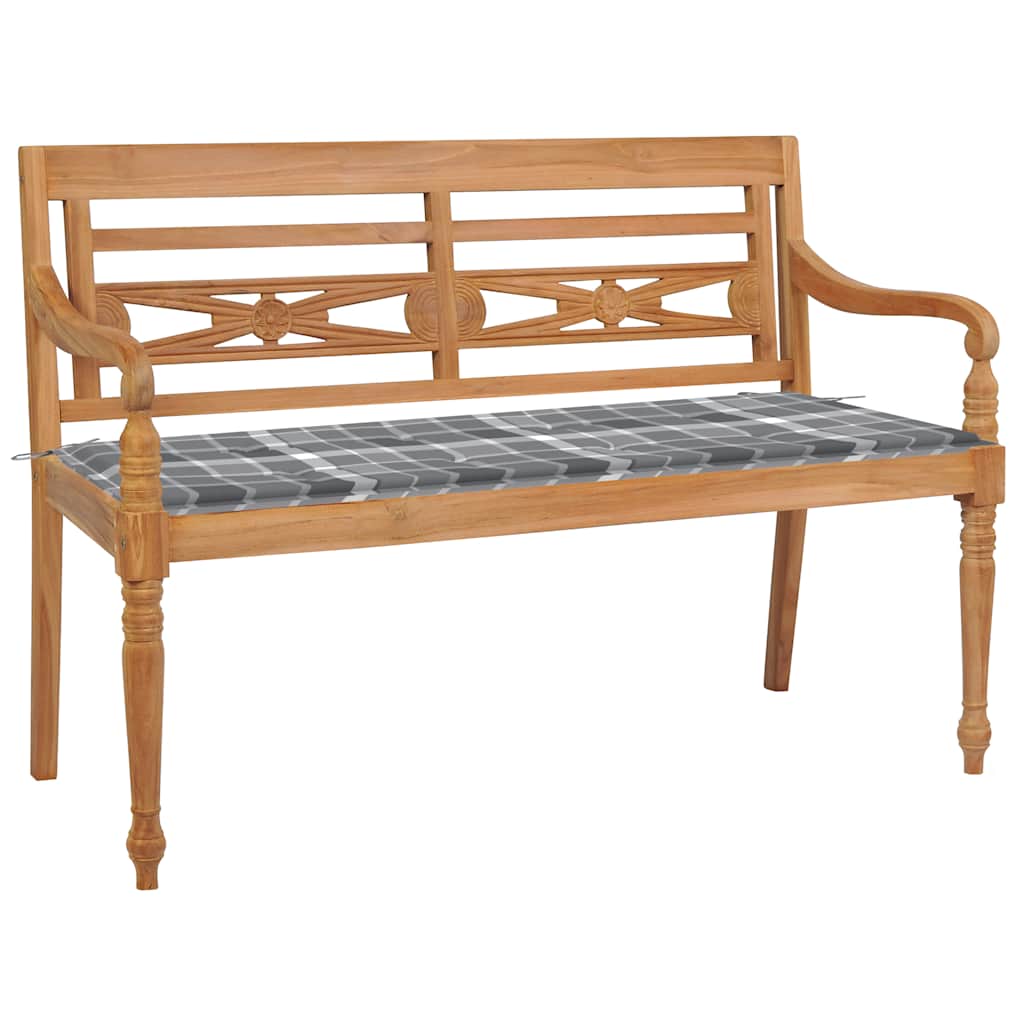 Bank Batavia met grijs geruit kussen 120 cm massief teakhout