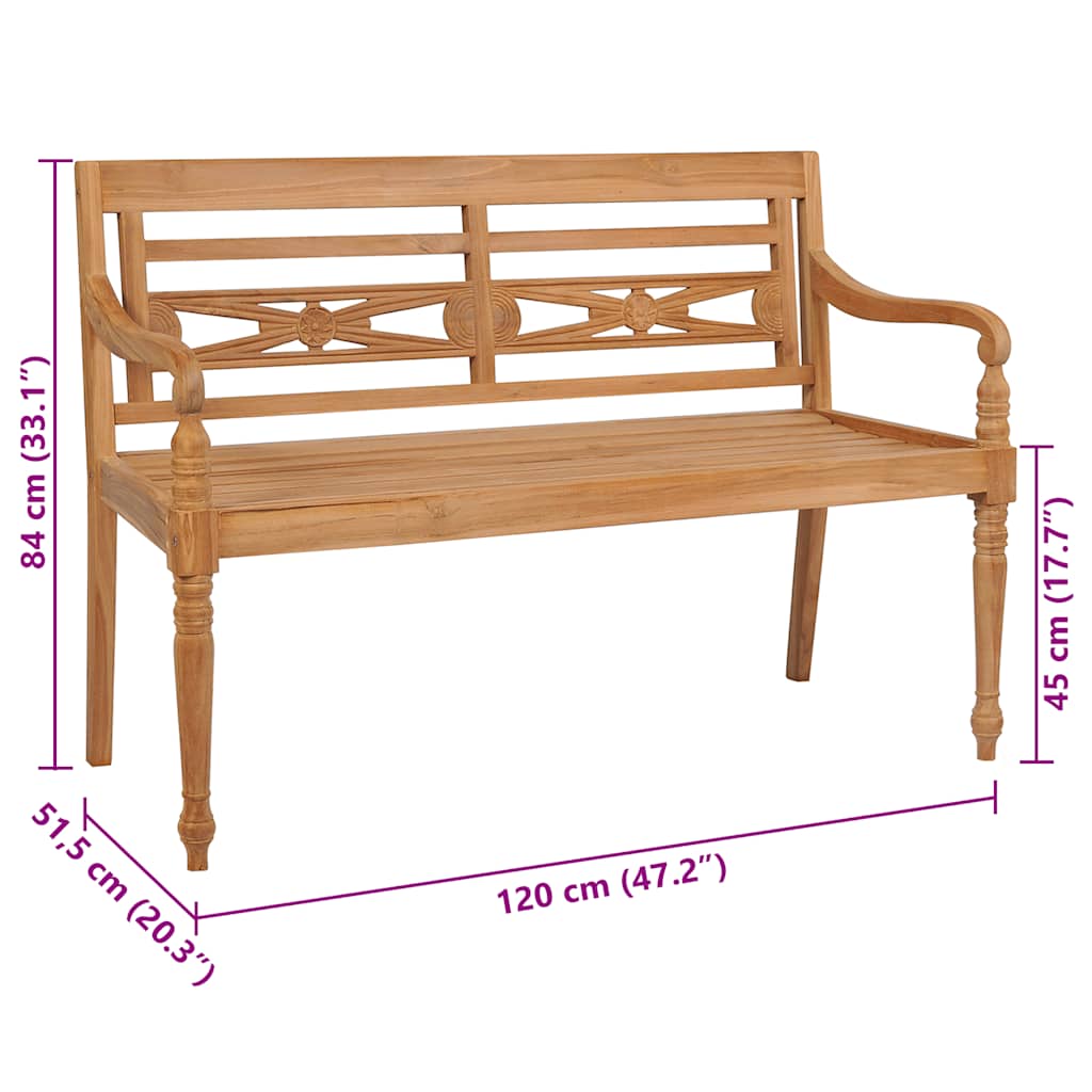 Bank Batavia met grijs geruit kussen 120 cm massief teakhout