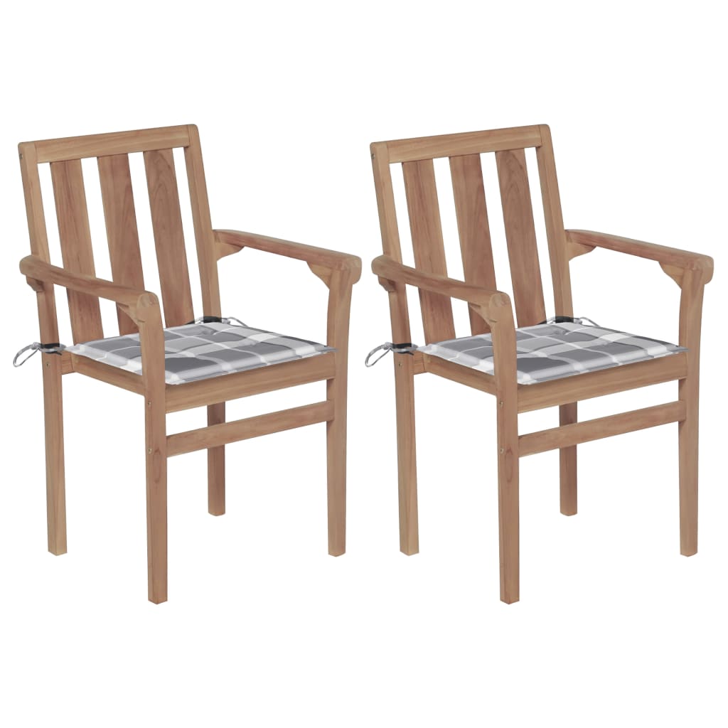 Tuinstoelen Met Grijs Geruite Kussens Massief Teakhout 2