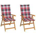 Garden chairs 2 pcs with red checkered cushions solid teak wood