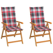 Tuinstoelen 2 st massief teakhout rood geruit kussen