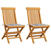 Tuinstoelen 2 st massief teakhout met grijs geruite kussens