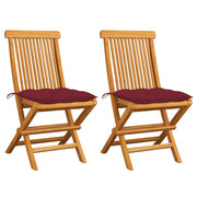 Tuinstoelen 2 st massief teakhout wijnrode kussens