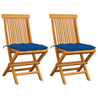 Tuinstoelen 2 st massief teakhout blauwe kussens
