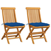 Tuinstoelen 2 st massief teakhout blauwe kussens