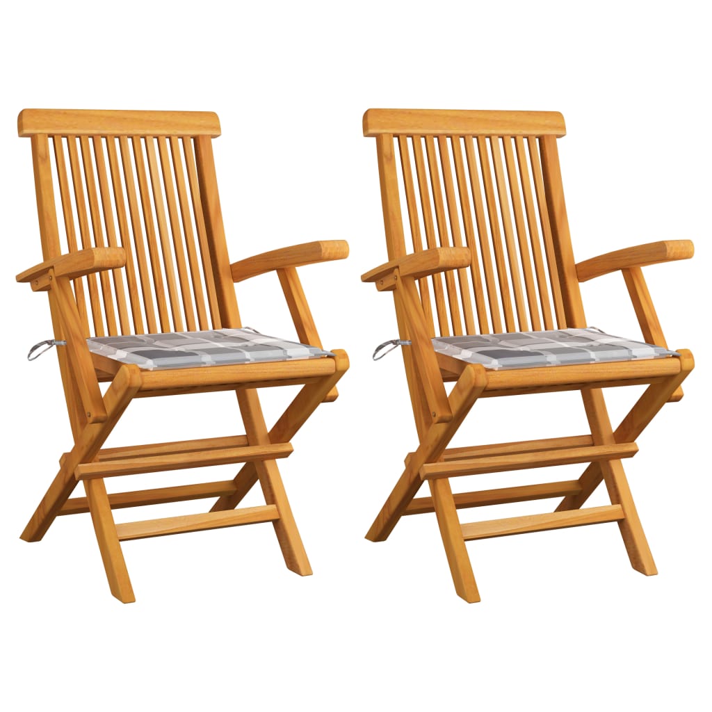 Tuinstoelen 2 St Met Grijs Geruite Kussens Massief Teakhout 1 Grijs ruitpatroon