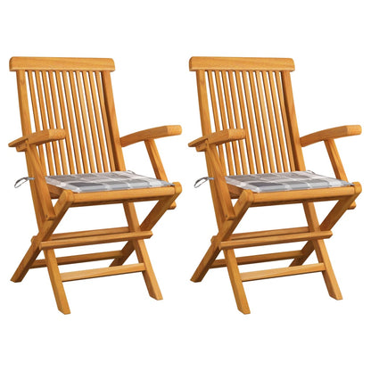 Tuinstoelen 2 St Met Grijs Geruite Kussens Massief Teakhout 1 Grijs ruitpatroon