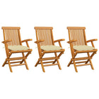 Garden chairs 3 pcs with cream white cushions solid teak wood
