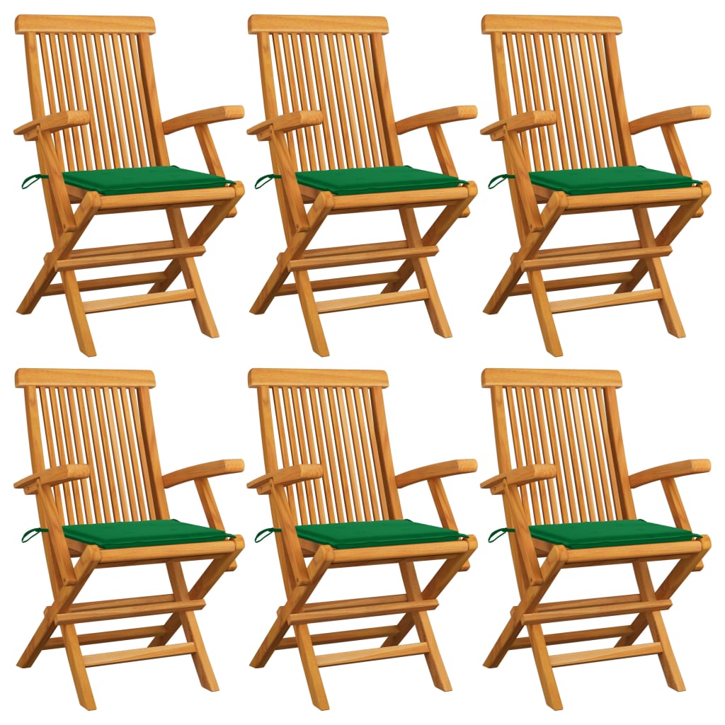Tuinstoelen 6 st met groene kussens massief teakhout