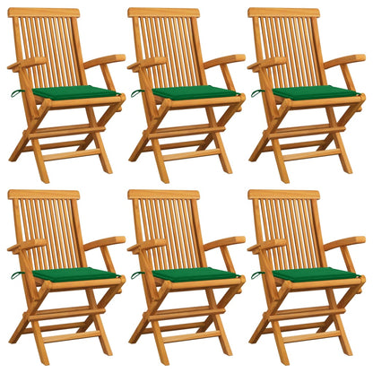 Tuinstoelen 6 st met groene kussens massief teakhout