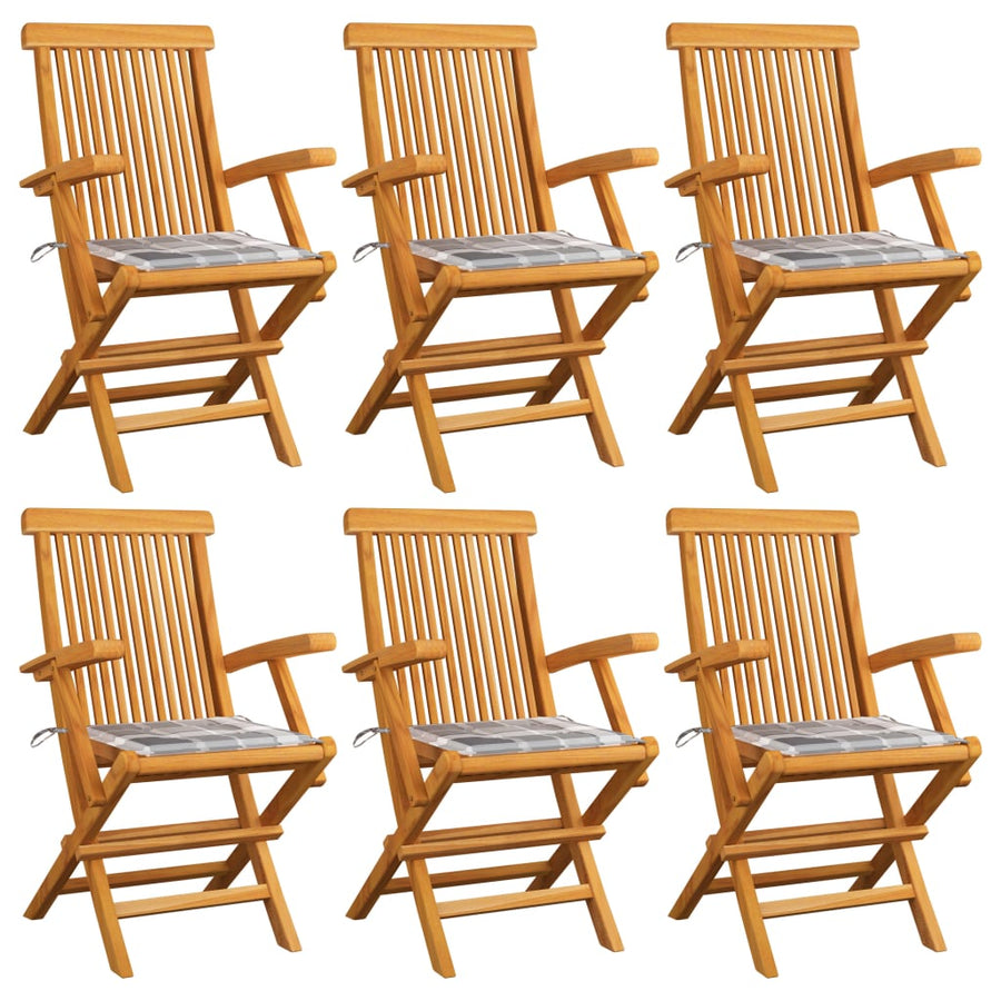 Tuinstoelen Met Grijs Geruite Kussens Massief Teakhout 6 Grijs ruitpatroon