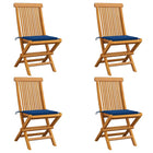 Garden chairs 4 pcs with royal blue cushions solid teak wood