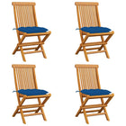 Garden chairs 4 pcs with blue cushions solid teak wood