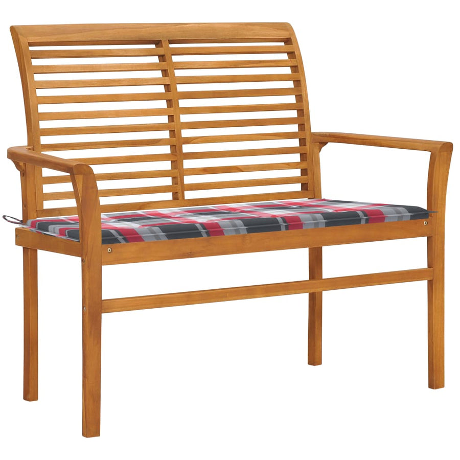Tuinbank Met Rood Geruit Kussen 112 Cm Massief Teakhout Rood Ruitpatroon 1