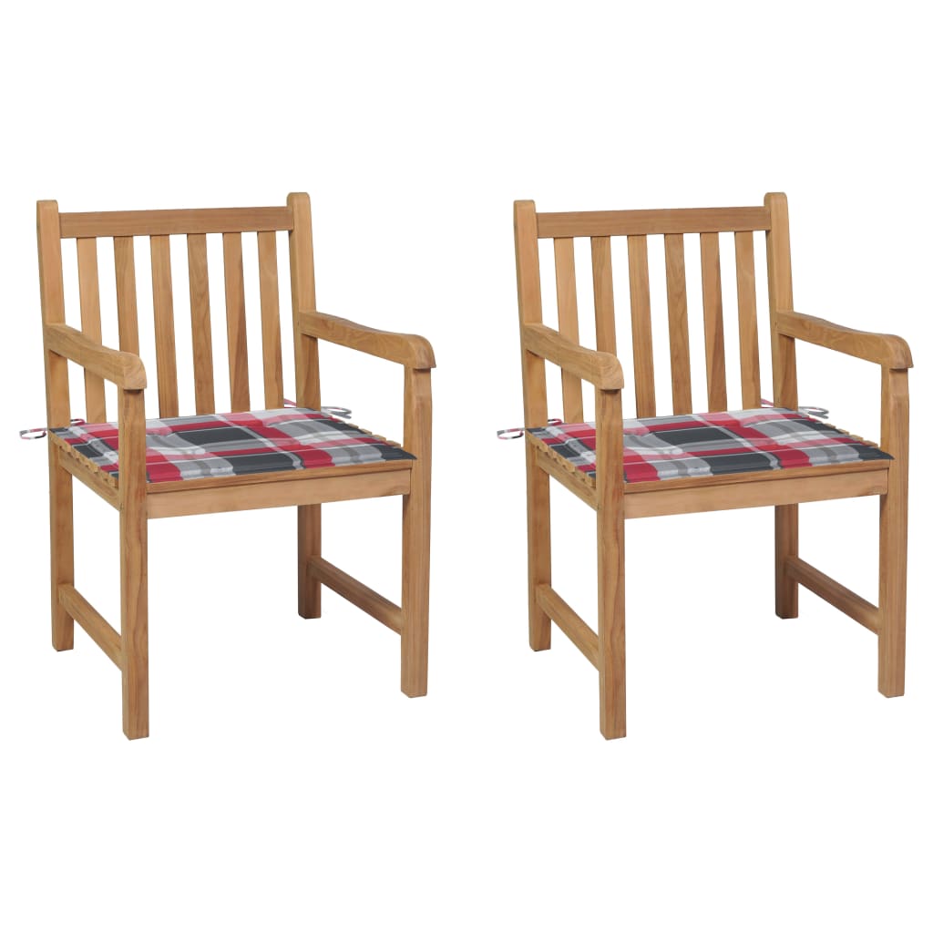 Tuinstoelen 2 St Met Rood Geruite Kussens Massief Teakhout Rood ruitpatroon