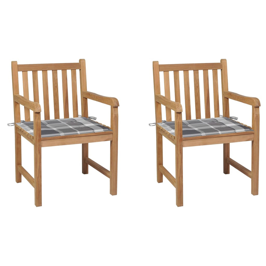 Tuinstoelen 2 St Met Grijs Geruite Kussens Massief Teakhout Grijs ruitpatroon