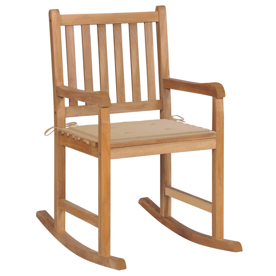 Schommelstoel Met Beige Kussen Massief Teakhout