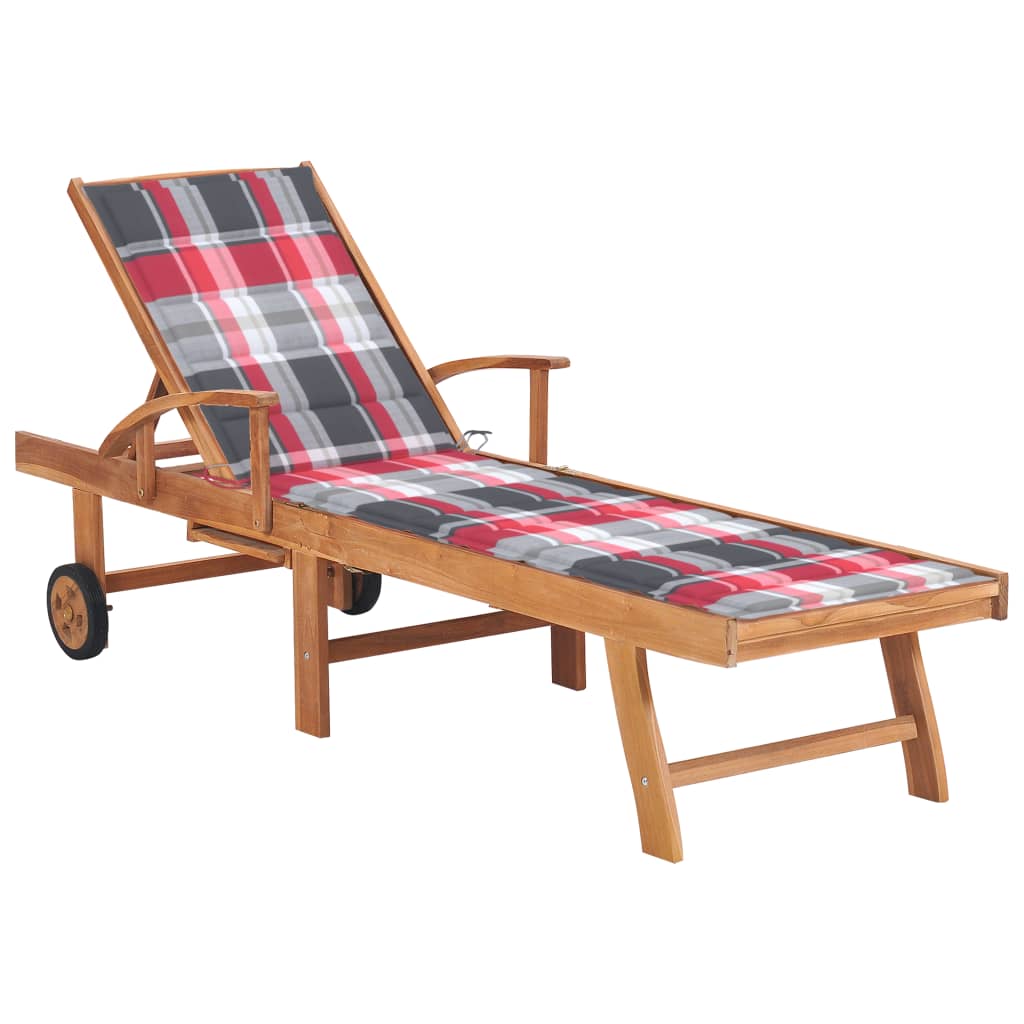 Ligbed Met Rood Geruit Kussen Massief Teakhout 1 Rood ruitpatroon Zonder tafel