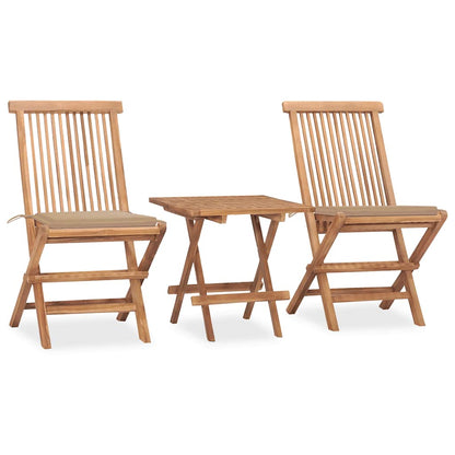 3-Delige Tuinset Inklapbaar Met Kussen Massief Teakhout Beige