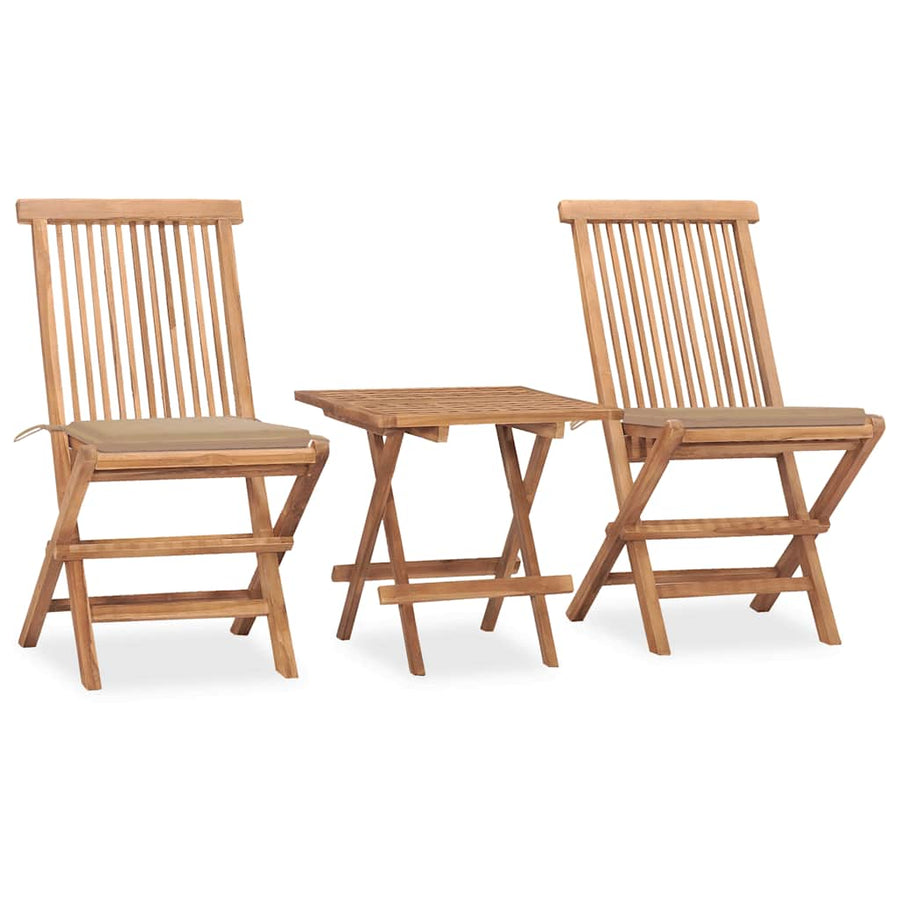 3-Delige Tuinset Inklapbaar Met Kussen Massief Teakhout Beige