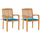 Tuinstoelen 2 st massief teakhout blauwe kussens