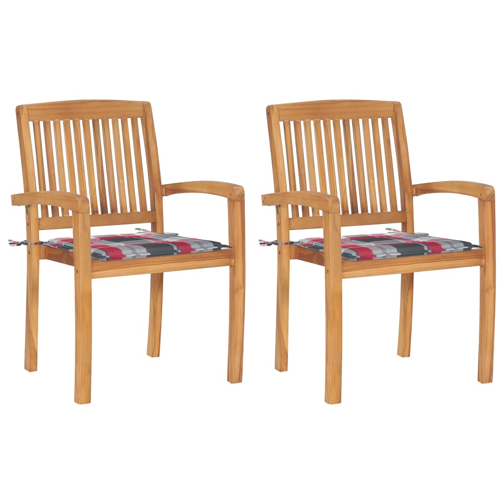 Tuinstoelen 2 st met rood geruite kussens massief teakhout